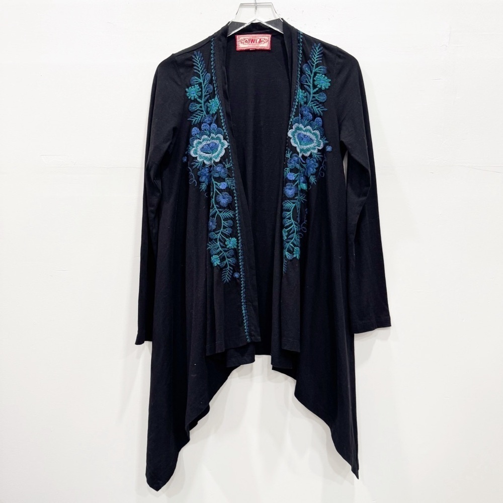 Johnny Was Black Waterball Open Front Cardigan Sweater Embroidered Longline S